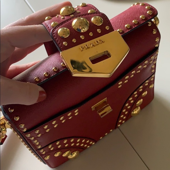 PRADA Studded Staffiano Red Shoulder Bag - Picture 5 of 6